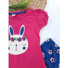 Bonboner Kids Kız Çocuk Tayt Tişort Ikili Takım Kedicik ve Tavşan Baskılı Tarz Tişort Leopar Pembe Mavi Renkler