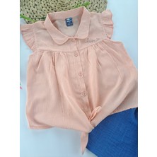 Nazar Kids Kız Çocuk Turuncu Crop Gömlek Şort Ikili Takım Love Nakış Işlemeli Yazlık Premium Kalite