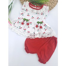 Bonboner Kids Kız Çocuk/bebek Bürümcük Şort Dantel Gömlek Ikili Takım Kiraz Baskı ve Ponpon Kirazlı