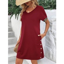 Eccey Butik Kadın Kolları Leopar Eteği Düğme Detay Viskon Elbise