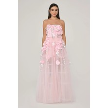 ALFABETA 3 Boyutlu Çiçek Aksesuarlı Straplez Pembe Kadın Abiye 2246576