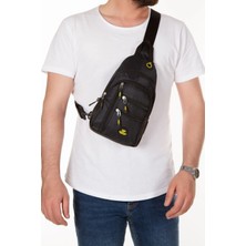 Tuldar Unisex Siyah Imperteks Kumaş USB Kulaklık Çıkışlı Fermuarlı Bel Göğüs ve Omuz Çantası (19X29CM) tul202