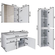 Banos Roomart 2 Kapaklı Lavabolu Beyaz Mdf 85 cm Banyo Dolabı + Aynalı Banyo Üst Dolabı + Banyo Boy Dolabı