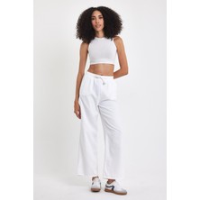 Kadın Palazzo Comfort Beli Lastikli Pamuklu Baggy Pantolon Beyaz
