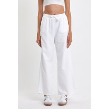 Kadın Palazzo Comfort Beli Lastikli Pamuklu Baggy Pantolon Beyaz