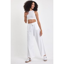Kadın Palazzo Comfort Beli Lastikli Pamuklu Baggy Pantolon Beyaz