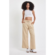 Damga Kadın Palazzo Comfort Beli Lastikli Pamuklu Baggy Pantolon Krem