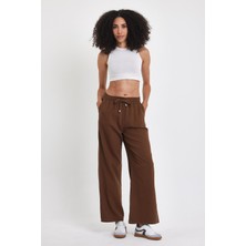 Damga Kadın Palazzo Comfort Beli Lastikli Pamuklu Baggy Pantolon Kahverengi