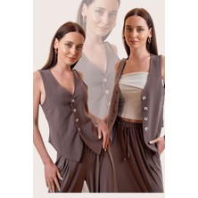 Laranor V Yaka Klasik Kesim Asimetrik Tasarım Yelek 48 - Sütlü Kahve