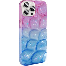 HTstore Apple iPhone Uyumlu 14 Pro Max Kılıf Simli 3D Desenli Hacar Kapak-Pembe-Mavi