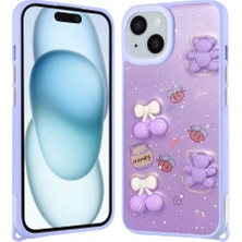 HTstore Apple iPhone Uyumlu 14 Kılıf Parlayan Simli Kabartma Figürlü Cevze Kapak-Mor Ayı