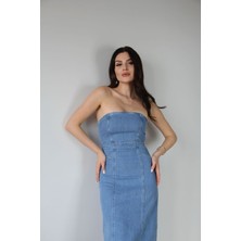 Julishop Julidress Açık Mavi Straplez Yaka Dar Kesim Yırtmaçlı Premium Denim Elbise