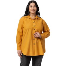 Disentis Modest Büyük Beden Çıtçıt Kapamalı Plikaşeli Manşetli Cepli Hardal Gömlek