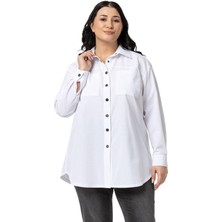 Disentis Modest Büyük Beden Çıtçıt Kapamalı Plikaşeli Manşetli Cepli Beyaz Gömlek