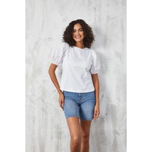Minaaise Beyaz Kolları Taş Detaylı Karpuz Kol Bluz 27055