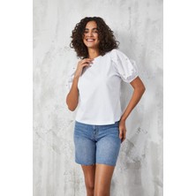 Minaaise Beyaz Kolları Taş Detaylı Karpuz Kol Bluz 27055