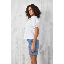 Minaaise Beyaz Kolları Taş Detaylı Karpuz Kol Bluz 27055