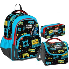 Coral High Erkek Çocuk Üç Gözlü Ilkokul Çanta Seti - Siyah Mavi Gamer Desenli