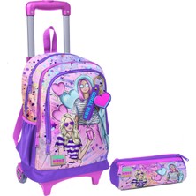 Coral High Pembe Mor Fashion Girl Işıklı Tekerlekli Çekçek Çanta ve Kalemlik Seti - Kız Çocuk
