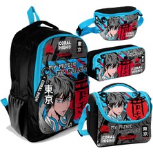 Coral High Siyah Mavi Anime Desenli Erkek Çocuk Dörtlü Okul Çanta Seti - Ilkokul ve Ortaokul Için Uygun