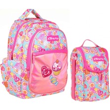 Kaukko Ilkokul Sırt Çantası ve Beslenme Çantası Seti - Aynalı Nakışlı Cupcake Pembe - Kız Çocuk