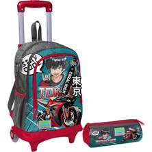 Coral High Gri Nefti Anime Motorsiklet Işıklı Tekerlekli Çekçek Çanta ve Kalemlik Seti - Erkek Çocuk
