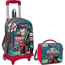 Coral High Gri Nefti Anime Motorsiklet Işıklı Tekerlekli Okul Çantası ve Beslenme Seti - Erkek Çocuk