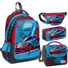Coral High Gri Mavi Yarış Arabası Desenli Erkek Çocuk Okul Beslenme Kalemlik ve Bel Çantası Seti - Ilkokul Için Uygun