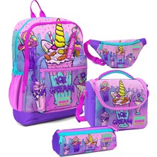 Coral High Kız Çocuk Pembe Mor Dondurma Desenli Ilkokul Okul Çanta Seti ve Bel Çantası