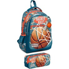 Coral High Ilkokul Sırt Çantası ve Kalemlik Seti - Erkek Çocuk - Nefti Turuncu Basketbol