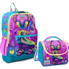 Coral High Dört Bölmeli Kız Çocuk Okul Sırt Çantası ve Beslenme Seti - Pembe Turkuaz Kulaklık Paten