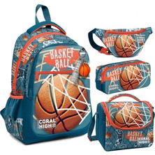 Coral High Nefti Turuncu Basketbol Desenli Erkek Çocuk Okul Beslenme Kalemlik ve Bel Çantası Seti - Ilkokul Için Uygun