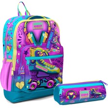 Coral High Ilkokul Sırt Çantası ve Kalemlik Seti - Pembe Turkuaz Kulaklık Paten - Kız Çocuk