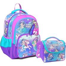 Coral High Üç Gözlü Ilkokul Çantası ve Beslenme Çantası - Mor Pembe Unicorn Desenli - Kız Çocuk