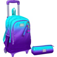 Coral High Turkuaz Mor Renk Geçişli Işıklı Tekerlekli Çekçek Çanta ve Kalemlik Seti - Erkek Çocuk