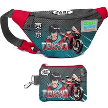 Coral High Gri Nefti Anime Motorsiklet Desenli Erkek Çocuk Bel Çantası ve Bozuk Para Cüzdanı Seti
