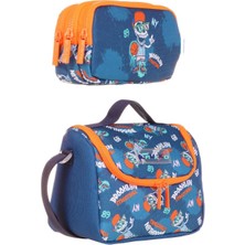 Kaukko Erkek Çocuk Isı Yalıtımlı Beslenme Çantası ve Kalemlik Seti - Mavi Turuncu Basketbol