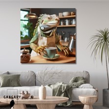 Kare Kanvas Kahve Köşesi Cafe Tablosu Barista Yeşil Iguana