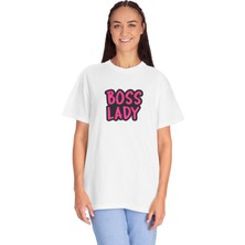 Unisex Boss Lady Yazıyor Baskılı Beyaz Basic Tshirt