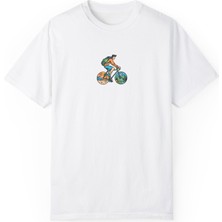 Unisex Hippie Bisiklet Baskılı Beyaz Basic Tshirt