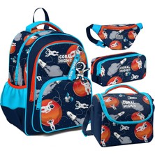 Coral High Lacivert Mavi Astronot Desenli Erkek Çocuk Dörtlü Okul Çanta Seti - Ilkokul ve Ortaokul Için Uygun