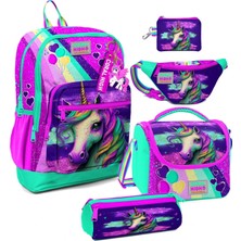 Coral High Kız Çocuk Pembe Su Yeşili Unicorn Desenli Beşli Ilkokul Okul Çanta Seti