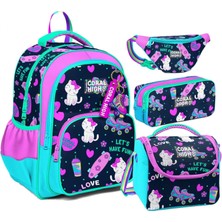 Coral High Lacivert Pembe Kedili Desenli Kız Çocuk Dörtlü Okul Çanta Seti - Ilkokul ve Ortaokul Için Uygun