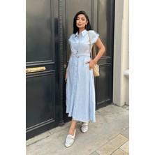 Modal Kumaş Düğme Detayli Midi Elbise - Buz Mavi