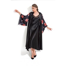 Moongirl Siyah Kadın Saten Uzun Gecelik Takım Şık Desenli Ve Rahat Kullanım İçin XL Beden