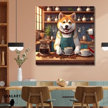 Gaagart Kare Kanvas Kahve Köşesi Cafe Tablosu Barista Japon Akita Köpek