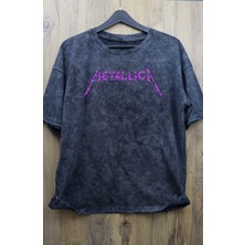 Unisex Kuru Kafa Mor Metallica Sırt Baskılı Yıkamalı Tişört, Oversize Rock-Metal Baskılı T-Shirt