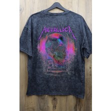Unisex Kuru Kafa Mor Metallica Sırt Baskılı Yıkamalı Tişört, Oversize Rock-Metal Baskılı T-Shirt
