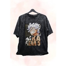 Fuddy Moda Unisex Özel Tasarım Gear 5 Luffy Retro Tişört, Oversize Anime Baskılı Yıkamalı T-Shirt