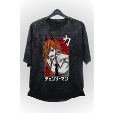 Fuddy Moda Unisex Chainsaw Man Power Yıkamalı Tişört, Oversize Anime Baskılı Eskitme T-Shirt